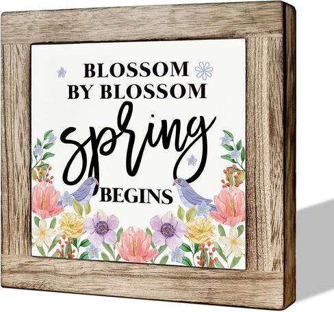 Spring Decor, Wooden Box Signs for Home Decor, Floral Decor Art, Farmhouse Decor, Colorful Wooden Flowers Hanging Decorations for Home Living Room Garden Yard, Blossom by Blossom Spring Begins in Saudi Arabia