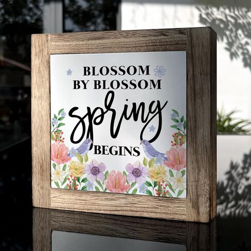 Spring Decor, Wooden Box Signs for Home Decor, Floral Decor Art, Farmhouse Decor, Colorful Wooden Flowers Hanging Decorations for Home Living Room Garden Yard, Blossom by Blossom Spring Begins in Saudi Arabia