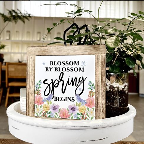 Spring Decor, Wooden Box Signs for Home Decor, Floral Decor Art, Farmhouse Decor, Colorful Wooden Flowers Hanging Decorations for Home Living Room Garden Yard, Blossom by Blossom Spring Begins in Saudi Arabia