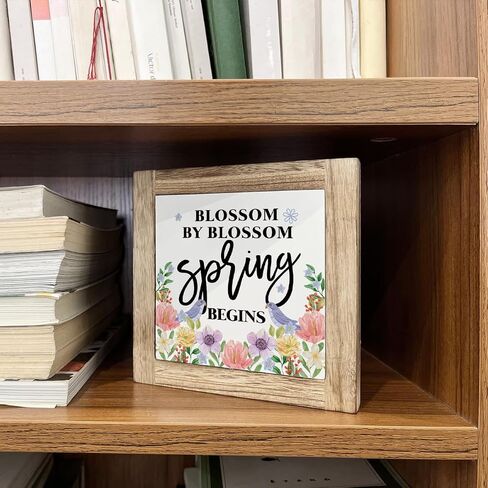 Spring Decor, Wooden Box Signs for Home Decor, Floral Decor Art, Farmhouse Decor, Colorful Wooden Flowers Hanging Decorations for Home Living Room Garden Yard, Blossom by Blossom Spring Begins in Saudi Arabia