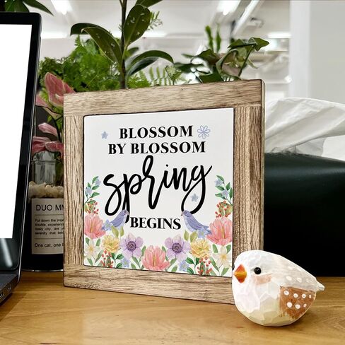 Spring Decor, Wooden Box Signs for Home Decor, Floral Decor Art, Farmhouse Decor, Colorful Wooden Flowers Hanging Decorations for Home Living Room Garden Yard, Blossom by Blossom Spring Begins in Saudi Arabia