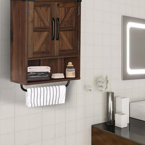 RUSTOWN Farmhouse Wall Storage Cabinet with Two Barn Door, Rustic Mounted Medicine Cabinet with Adjustable Shelf and Towel Bar, 3-Tier Wood Cabinet for Kitchen, Bathroom, Living Room (Dark Walnut) in Saudi Arabia