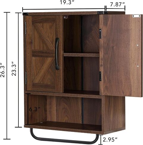 RUSTOWN Farmhouse Wall Storage Cabinet with Two Barn Door, Rustic Mounted Medicine Cabinet with Adjustable Shelf and Towel Bar, 3-Tier Wood Cabinet for Kitchen, Bathroom, Living Room (Dark Walnut) in Saudi Arabia