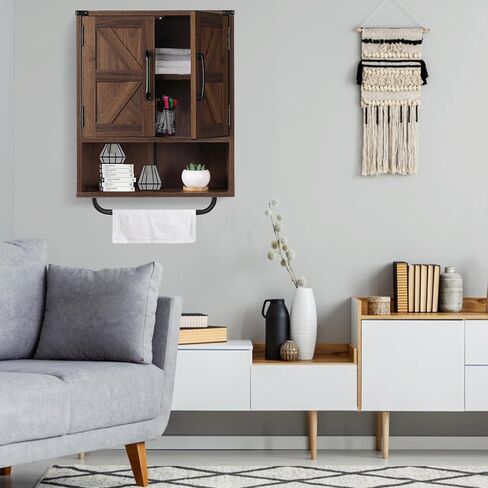 RUSTOWN Farmhouse Wall Storage Cabinet with Two Barn Door, Rustic Mounted Medicine Cabinet with Adjustable Shelf and Towel Bar, 3-Tier Wood Cabinet for Kitchen, Bathroom, Living Room (Dark Walnut) in Saudi Arabia