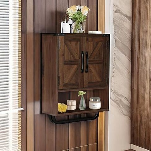 RUSTOWN Farmhouse Wall Storage Cabinet with Two Barn Door, Rustic Mounted Medicine Cabinet with Adjustable Shelf and Towel Bar, 3-Tier Wood Cabinet for Kitchen, Bathroom, Living Room (Dark Walnut) in Saudi Arabia