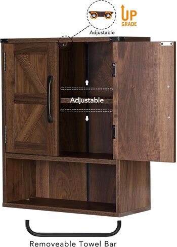 RUSTOWN Farmhouse Wall Storage Cabinet with Two Barn Door, Rustic Mounted Medicine Cabinet with Adjustable Shelf and Towel Bar, 3-Tier Wood Cabinet for Kitchen, Bathroom, Living Room (Dark Walnut) in Saudi Arabia