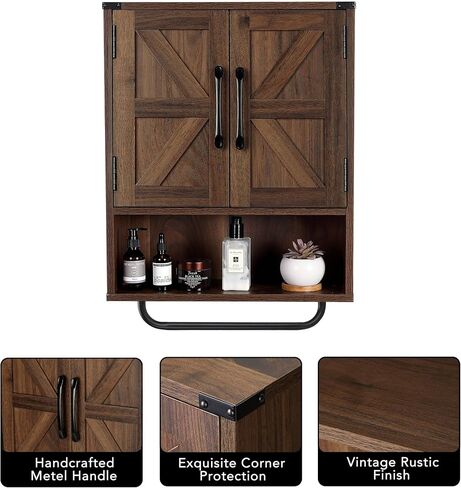 RUSTOWN Farmhouse Wall Storage Cabinet with Two Barn Door, Rustic Mounted Medicine Cabinet with Adjustable Shelf and Towel Bar, 3-Tier Wood Cabinet for Kitchen, Bathroom, Living Room (Dark Walnut) in Saudi Arabia