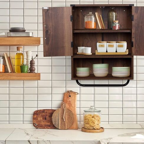 RUSTOWN Farmhouse Wall Storage Cabinet with Two Barn Door, Rustic Mounted Medicine Cabinet with Adjustable Shelf and Towel Bar, 3-Tier Wood Cabinet for Kitchen, Bathroom, Living Room (Dark Walnut) in Saudi Arabia