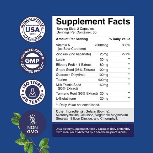 Complete Eye Health Supplement for Adults - Lutein 20mg Per Serving Eye Vitamins for Vision Dry Eyes Pressure and Blue Light Protection - Eye Supplement for Adults with Beta Carotene for Eyes in Kuwait