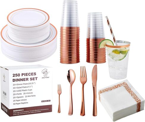 250 Count Rose Gold Disposable Plastic Dinnerware Set, 50 Rose Gold Plastic Plates, 25 Plastic Silverware, 25 Rose Gold Cups and Straws, 50 Napkins, Perfect for Wedding Party in Saudi Arabia