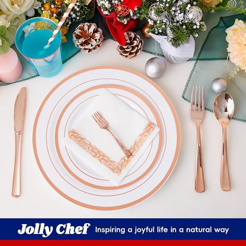 250 Count Rose Gold Disposable Plastic Dinnerware Set, 50 Rose Gold Plastic Plates, 25 Plastic Silverware, 25 Rose Gold Cups and Straws, 50 Napkins, Perfect for Wedding Party in Saudi Arabia
