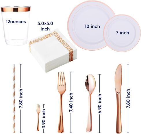 250 Count Rose Gold Disposable Plastic Dinnerware Set, 50 Rose Gold Plastic Plates, 25 Plastic Silverware, 25 Rose Gold Cups and Straws, 50 Napkins, Perfect for Wedding Party in Saudi Arabia