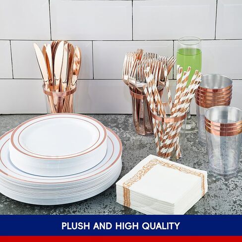 250 Count Rose Gold Disposable Plastic Dinnerware Set, 50 Rose Gold Plastic Plates, 25 Plastic Silverware, 25 Rose Gold Cups and Straws, 50 Napkins, Perfect for Wedding Party in Saudi Arabia