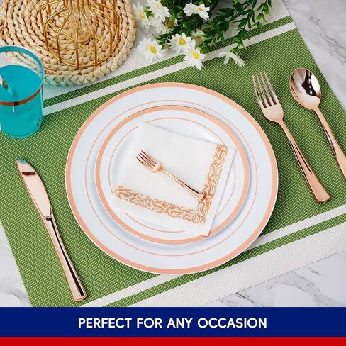 250 Count Rose Gold Disposable Plastic Dinnerware Set, 50 Rose Gold Plastic Plates, 25 Plastic Silverware, 25 Rose Gold Cups and Straws, 50 Napkins, Perfect for Wedding Party in Saudi Arabia