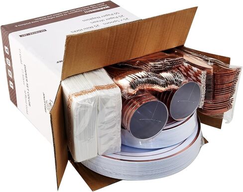 250 Count Rose Gold Disposable Plastic Dinnerware Set, 50 Rose Gold Plastic Plates, 25 Plastic Silverware, 25 Rose Gold Cups and Straws, 50 Napkins, Perfect for Wedding Party in Saudi Arabia