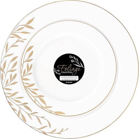 PLASTICPRO 32 Pack Elegant Disposable Plastic Plates Combo Set Includes 16 Dinner Plates and 16 Salad Plates Heavy Duty Fancy Party Plates White & Gold Flower Design in Kuwait
