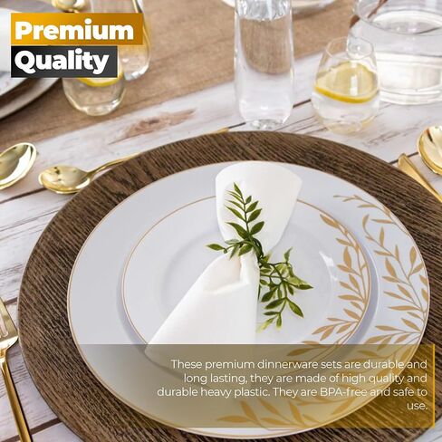 PLASTICPRO 32 Pack Elegant Disposable Plastic Plates Combo Set Includes 16 Dinner Plates and 16 Salad Plates Heavy Duty Fancy Party Plates White & Gold Flower Design in Kuwait