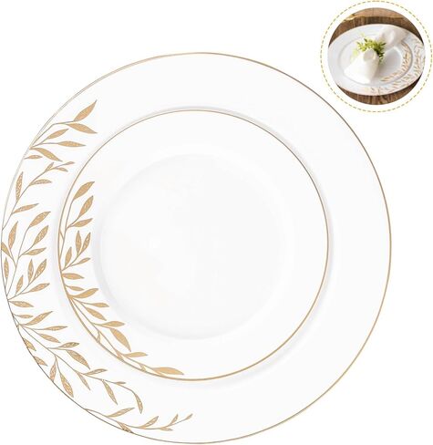 PLASTICPRO 32 Pack Elegant Disposable Plastic Plates Combo Set Includes 16 Dinner Plates and 16 Salad Plates Heavy Duty Fancy Party Plates White & Gold Flower Design in Kuwait