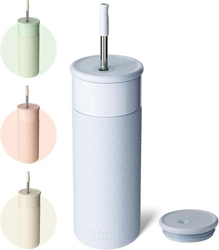 زجاجة بهلوان من الفولاذ المقاوم للصدأ مع غطاء وقش، كوب قهوة سعة 20 أونصة مع غطاء من السيليكون للمنزل والمكتب وحفلات الهدايا المدرسية (أزرق سماوي) in Kuwait