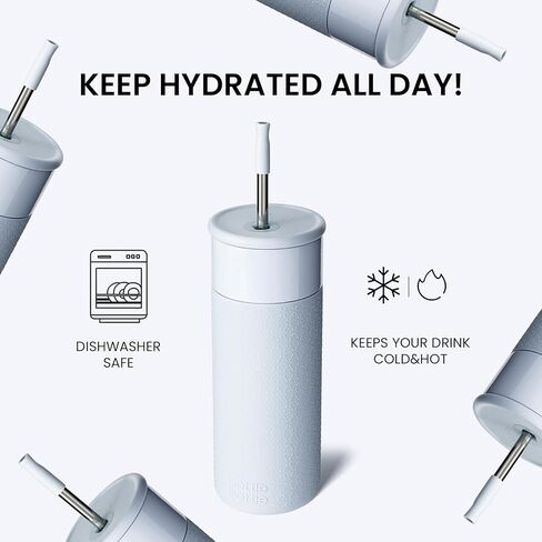 زجاجة بهلوان من الفولاذ المقاوم للصدأ مع غطاء وقش، كوب قهوة سعة 20 أونصة مع غطاء من السيليكون للمنزل والمكتب وحفلات الهدايا المدرسية (أزرق سماوي) in Kuwait