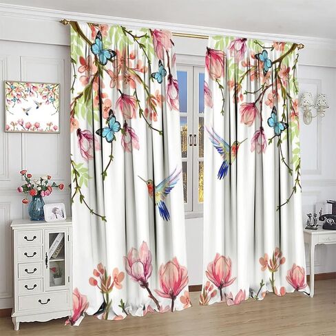 Hummingbird Spring Floral Curtains, Watercolor Flower Plant Butterfly Window Door Curtains for Bedroom Living Room Home Decor W42xL45in in Kuwait