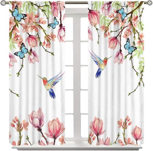 Hummingbird Spring Floral Curtains, Watercolor Flower Plant Butterfly Window Door Curtains for Bedroom Living Room Home Decor W42xL45in in Kuwait