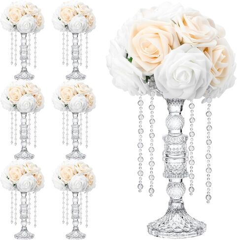 Havawish 6 مجموعة الزفاف زهرة زهرية الجدول الزخرفية المركزية لجدول 11 بوصة طويل القامة الزفاف منضدية الديكور مع فو زهرة الثريا الكريستال ترتيبات لعيد ميلاد حزب المنزل الديكور in Kuwait