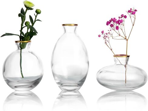 Gold Rim Glass Bud Vase, 3Pcs/Set Modern Decorative Small Mini Flowers Vases Short Minimalist Aesthetic Home Decor Vintage Cute Handmade Tiny Wedding Table Centerpieces for Single Flower Rose in Saudi Arabia
