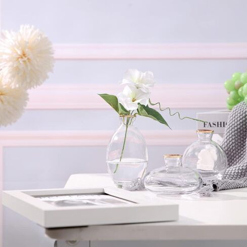 Gold Rim Glass Bud Vase, 3Pcs/Set Modern Decorative Small Mini Flowers Vases Short Minimalist Aesthetic Home Decor Vintage Cute Handmade Tiny Wedding Table Centerpieces for Single Flower Rose in Saudi Arabia