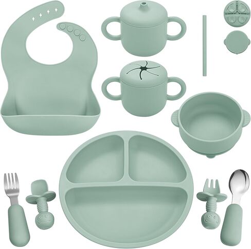 Bufims Silicone Baby Feeding Set for Baby Led Weaning 9-Piece, Sage Green | 9-piece set with Suction Plate and Bowl, Pocket Bib, Sippy Cup with Lid, Forks Spoons Snack Container, for 6+ Months in Saudi Arabia