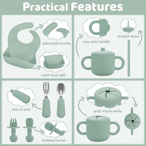 Bufims Silicone Baby Feeding Set for Baby Led Weaning 9-Piece, Sage Green | 9-piece set with Suction Plate and Bowl, Pocket Bib, Sippy Cup with Lid, Forks Spoons Snack Container, for 6+ Months in Saudi Arabia