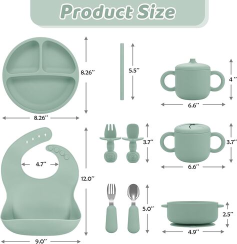Bufims Silicone Baby Feeding Set for Baby Led Weaning 9-Piece, Sage Green | 9-piece set with Suction Plate and Bowl, Pocket Bib, Sippy Cup with Lid, Forks Spoons Snack Container, for 6+ Months in Saudi Arabia