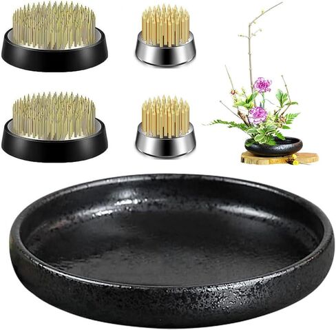 Alimtee Japanese Ikebana Vase Kit Flower Frog Japanese Flower Arranging Supplies Flower Container and 4 Floral Frog Kenzans - 1.4inch and 0.9inch Dia, Bowl Vase (Ikebana Vase - Hammering Pattern) in Kuwait