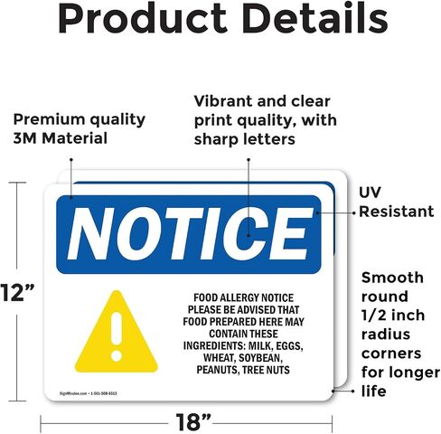 (2 Pack) Food Allergy Notice Please Be Sign With Symbol OSHA Notice Sign 7 Inch X 5 Inch Vinyl Label Decal Sticker Weather Resistant, UV Protected for Workplace, Business, and Construction Site, Made in the USA in Saudi Arabia