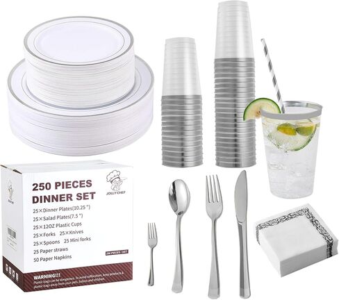 250 Count Rose Gold Disposable Plastic Dinnerware Set, 50 Rose Gold Plastic Plates, 25 Plastic Silverware, 25 Rose Gold Cups and Straws, 50 Napkins, Perfect for Wedding Party in Saudi Arabia