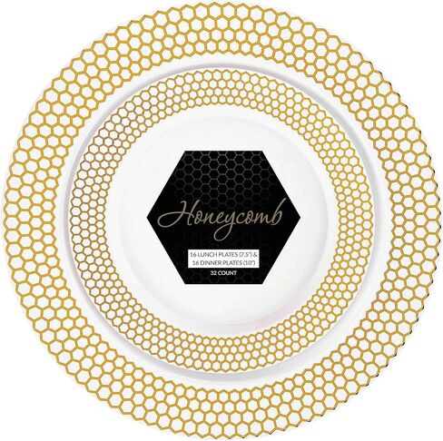 PLASTICPRO 32 Pack Elegant Disposable Plastic Plates Combo Set Includes 16 Dinner Plates and 16 Salad Plates Heavy Duty Fancy Party Plates White & Gold Flower Design in Kuwait