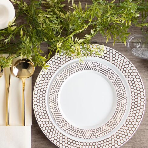 PLASTICPRO 32 Pack Elegant Disposable Plastic Plates Combo Set Includes 16 Dinner Plates and 16 Salad Plates Heavy Duty Fancy Party Plates White & Gold Flower Design in Kuwait