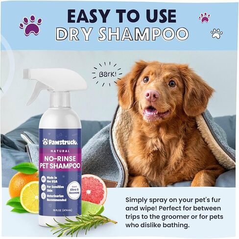 Pawstruck Natural No-Rinse Dry Shampoo for Dogs, Puppies, & Other Pets, Citrus & Rosemary - Waterless Deodorizing Spray Made in USA to Freshen & Remove Odors - 16 fl oz - Packaging May Vary in Kuwait