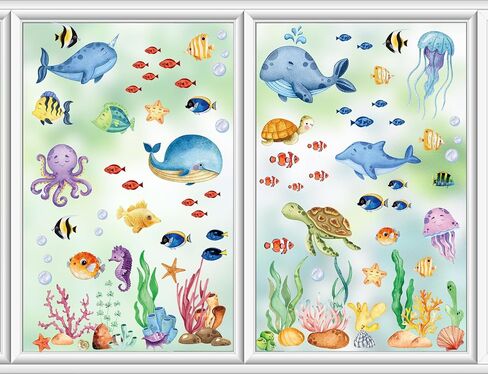 9 Sheets Ocean Theme Window Clings Sea Life Under The Sea Window Stickers Jellyfish Sea Turtle Seaweed Double-Sided Window Decals Reusable Static Cling Stickers for Kids Nursery Party Supplies in Saudi Arabia