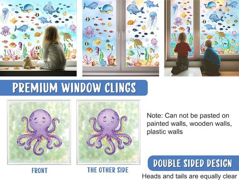 9 Sheets Ocean Theme Window Clings Sea Life Under The Sea Window Stickers Jellyfish Sea Turtle Seaweed Double-Sided Window Decals Reusable Static Cling Stickers for Kids Nursery Party Supplies in Saudi Arabia