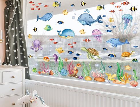 9 Sheets Ocean Theme Window Clings Sea Life Under The Sea Window Stickers Jellyfish Sea Turtle Seaweed Double-Sided Window Decals Reusable Static Cling Stickers for Kids Nursery Party Supplies in Saudi Arabia