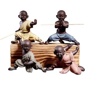 Kingzhuo Ceramic Cute Buddha Statue Adorable Monk Figurines Delicate Chinese Four Style Kung Fu Monks Set of 4 Monk Sculptures for Home Decor Tabletop Display Ornaments Decoration 4.7in in Height
