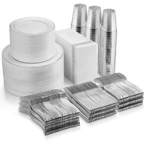 700 Piece Plastic Silver Dinnerware Set - 200 Rim Plates - 300 Silverware - 100 Cups - 100 Linen Like Silver Napkins, 100 Guest Disposable Dinnerware Set