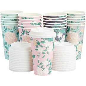 Juvale 24 Pack Disposable Floral Paper Coffee Cups with Lids 16 oz, To Go Coffee Cups for Flower-Themed Birthday Party Supplies, Wedding Reception, Baby Shower (4 Pastel Colors)