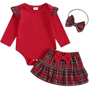 Kuriozud Newborn Baby Gir Fall Winter Outfit Long Sleeve Ruffe Romper Palid Bow Skirt Set Headband 3pcs Clothes for Toddler in Kuwait