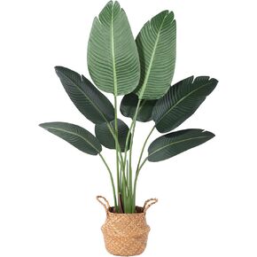 Artificial Bird of Paradise Plants 6 Ft Fake Tropical Palm Tree with 13 Trunks in Pot and Woven Seagrass Belly Basket Perfect Faux Plant for Home Indoor Outdoor Office Modern Decor Green 1Pc…