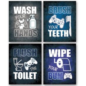 SUUURA-OO Cool Video Game Bathroom Decor Art Print Set of 4 (8"x10"), Game Themed Bathroom Painting, Bathroom Sign Art Picture Gift for Kids Nursery Gamer Boys Brother Son Grandson Nephew, Unframed
