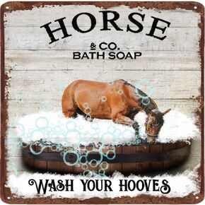 Bathroom Metal Wall Art Vintage Bath Soap Horse Wash Your Hooves Tin Sign Decoration Vintage Chic Metal Poster Wall Decor Art Gift Animal Retro Sign Housewarming Gift 12x12 Inches