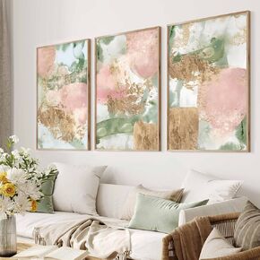 Pink Green Gold Wall Art Pink Gold Abstract Painting Green Gold Abstract Art Pink and Green Pictures Wall Decor Olive Green Blush Pink Abstract Wall Art Abstract Gallery Wall Prints 16x24inx3 No Frame