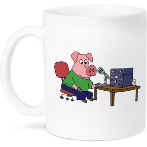 3dRose Funny Pink Pig Using Ham Radio Cartoon Mug, 11 oz